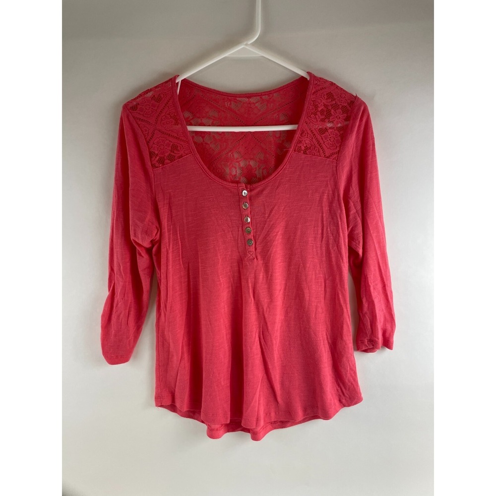 Neon Soul Shirt Women's Size Large Pink Lace 3/4 Sleeve Scoop Henley Lace Detail